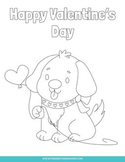 These free printable Valentine's Day coloring sheets feature a dog holding a heart balloon. 
