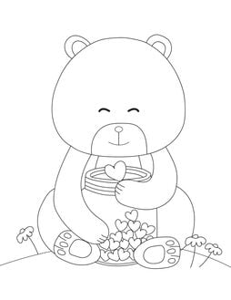 These free Valentine's Day printable coloring pages feature a teddy bear holding a jar of hearts. 