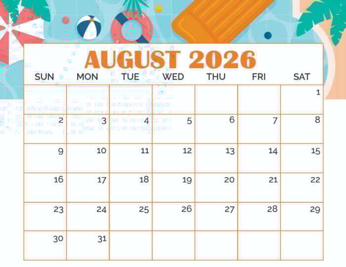 free printable August calendar
