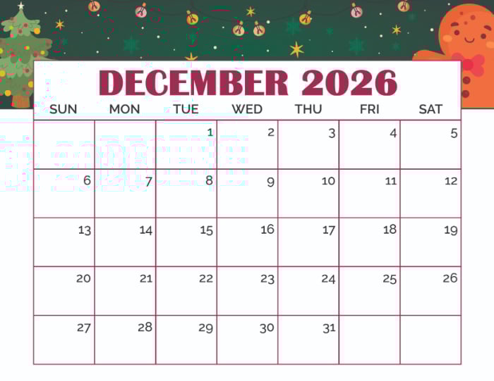 free printable December calendar