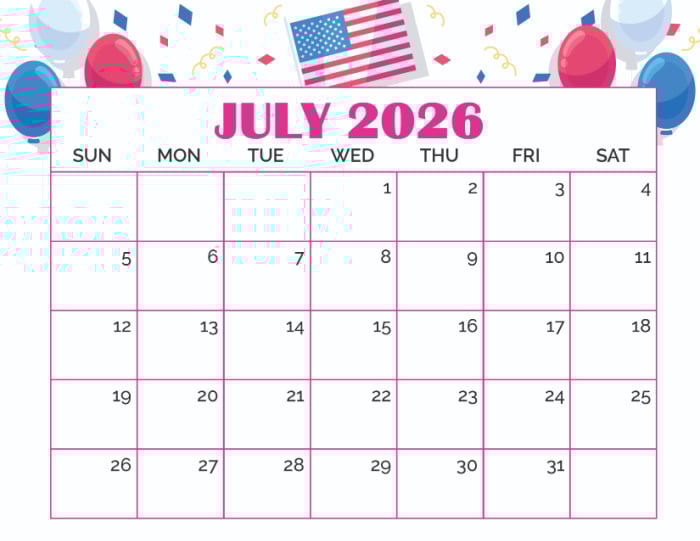 free printable July calendar
