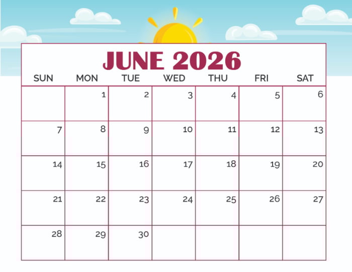 free printable June calendar