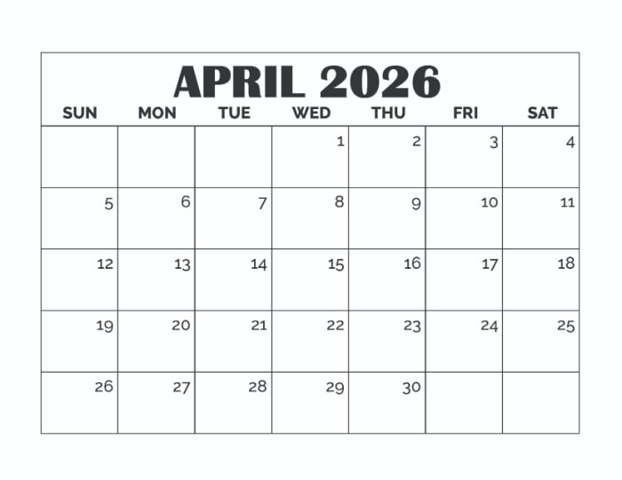 printable blank April calendar template