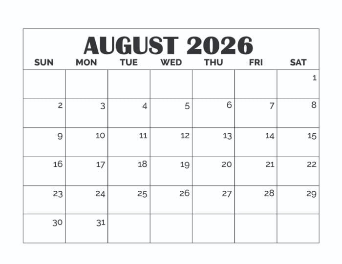 printable blank August calendar template