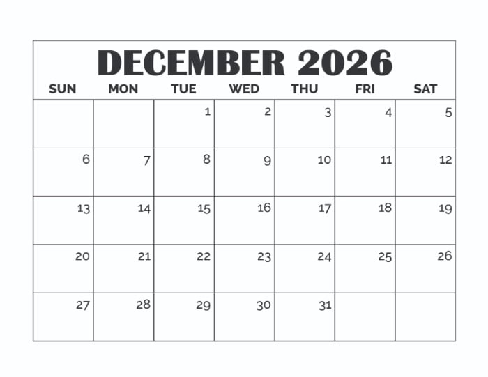 printable blank December calendar template