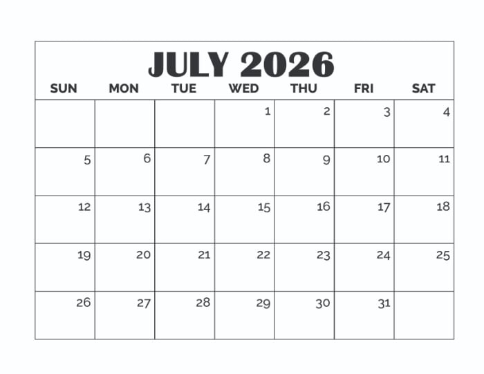 printable blank July calendar template