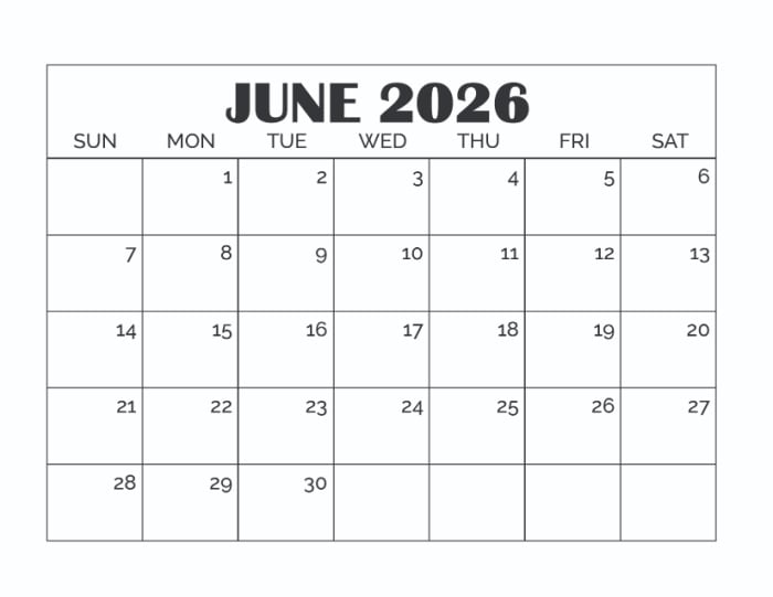 printable blank June calendar template