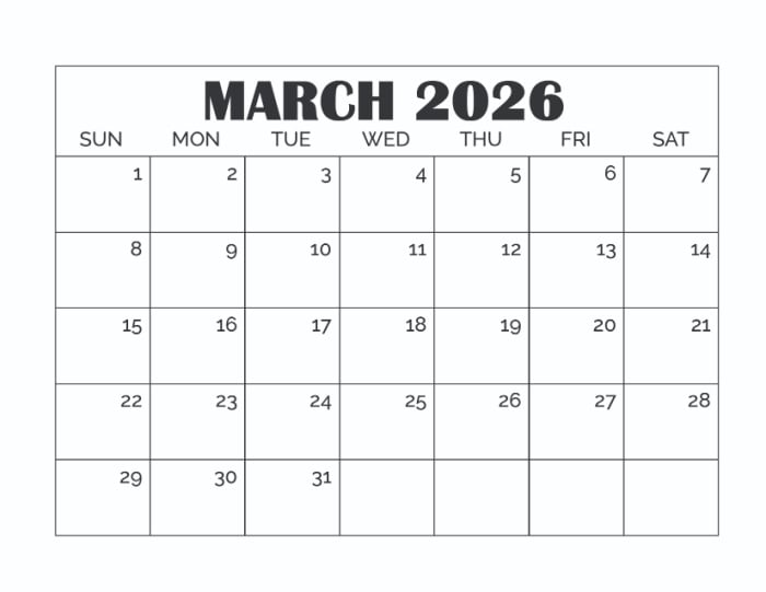 printable blank March calendar template