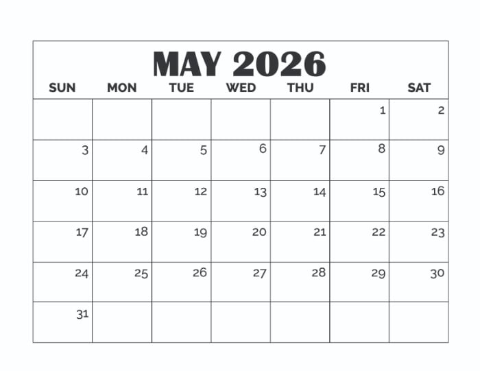 printable blank May calendar template