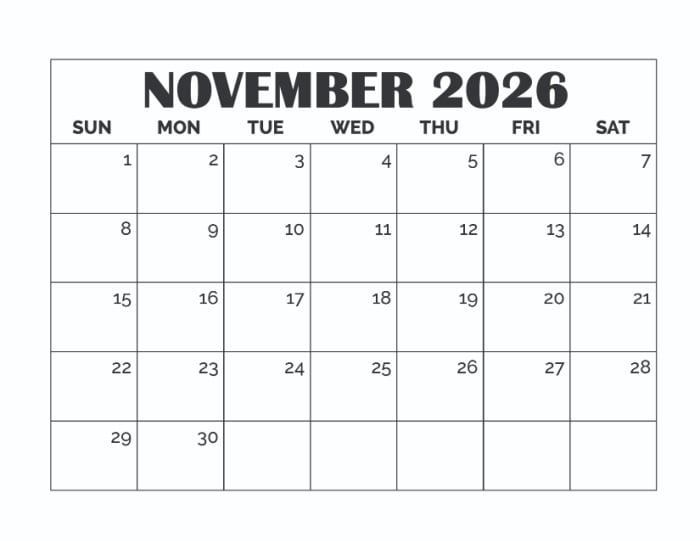printable blank November calendar template