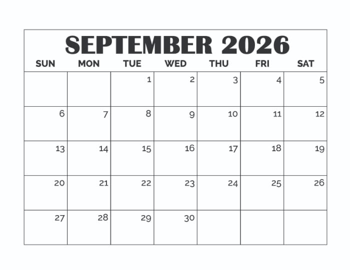 printable blank September calendar template