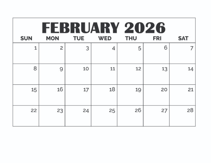 free February holidays calendar printable