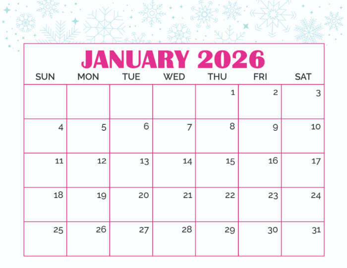 free January calendar printable 2026