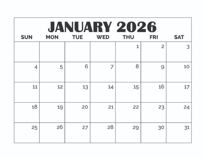 free January holidays calendar printable