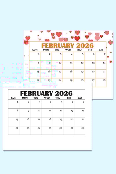 free printable February calendar