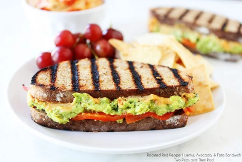 roasted red pepper humus avocado feta sandwich