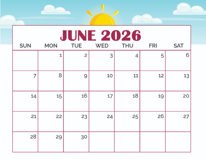 free June calendar printable