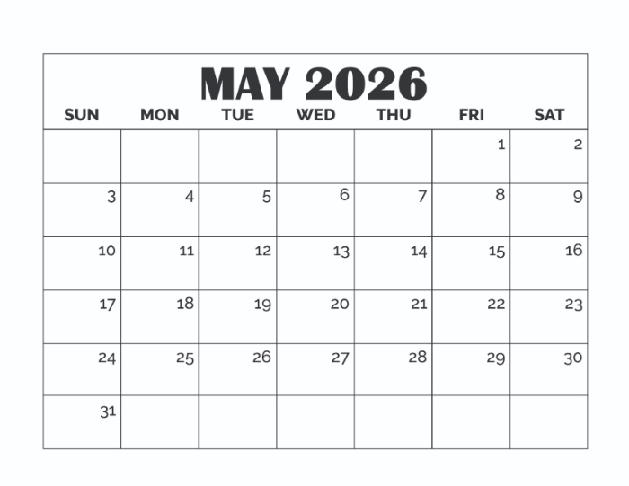 free May calendar with holidays printable