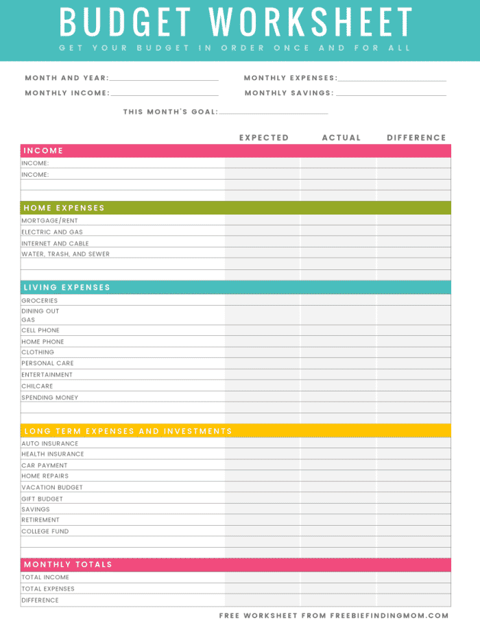 free household budget worksheet PDF Excel printable
