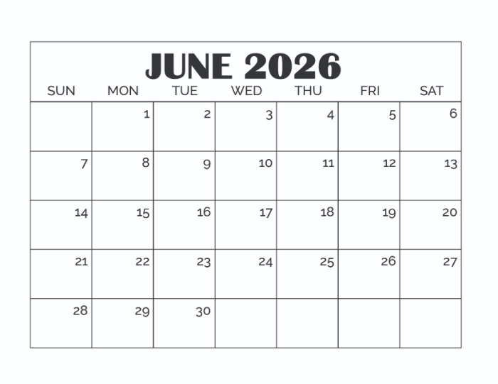 free how many days are in June calendar printable
