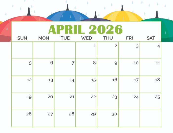 free printable April calendar 2026