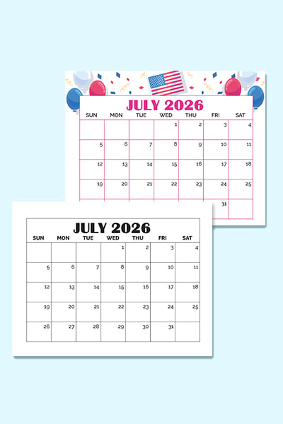free printable July calendar 2026