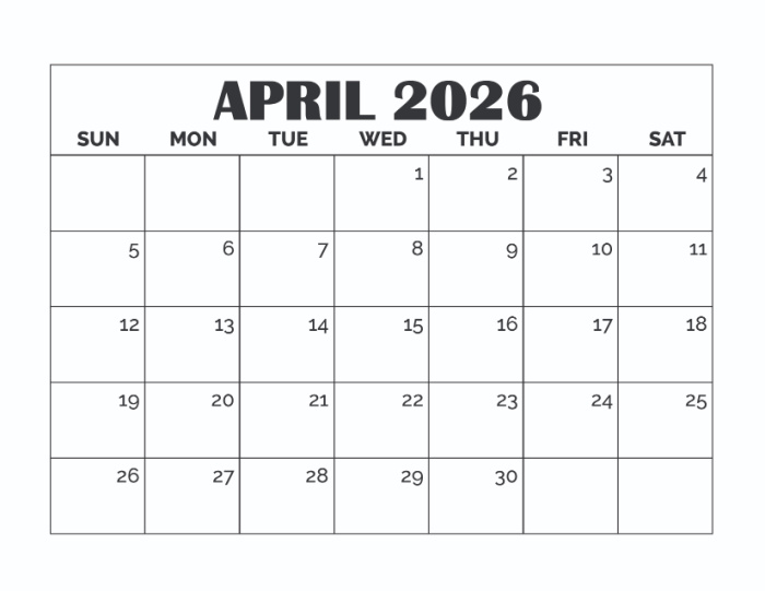 free when is April calendar printable